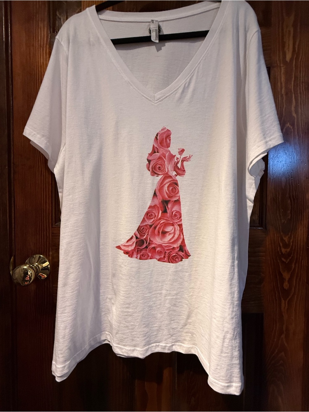 Disney Princess White V-Neck Short Sleeve Tee with Pink Rose Silhouette
